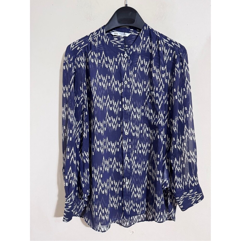 NWT Zara Semi Sheer Navy Ikat Print Button-Front Blouse size XL Office